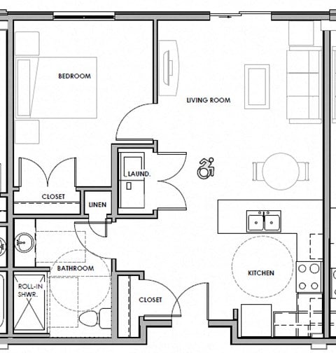 Floor plan for 1 bed, 1 bath, 703 sqft